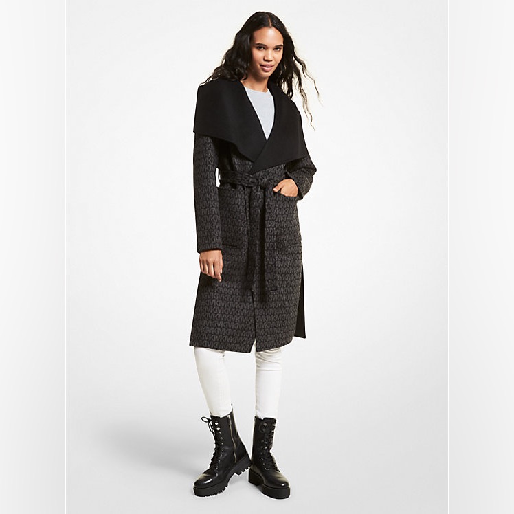 Mk Wool Blend Logo Jacquard Wrap Coat